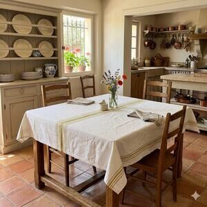 Soliel de Provence 61" x 56" Beige & Olive Green 100% Cotton Striped Tablecloth